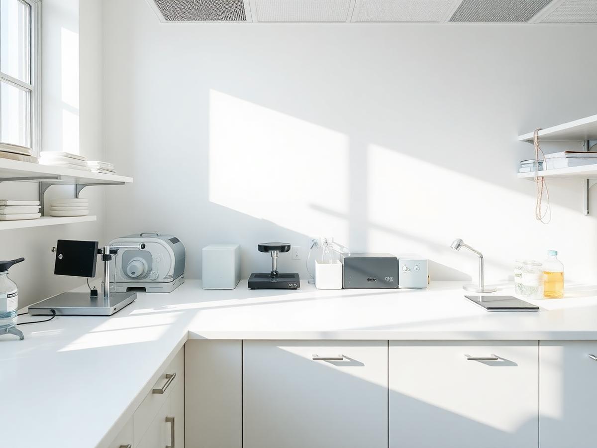 Materials science laboratory bench with precision instruments